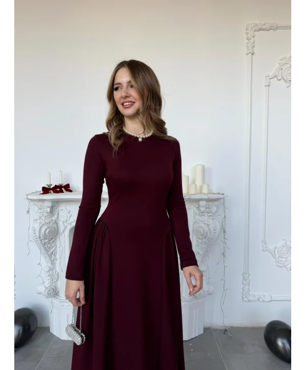 Yanları Büzgülü Bisiklet Yaka Uzun Kollu Scuba Bordo Elbise