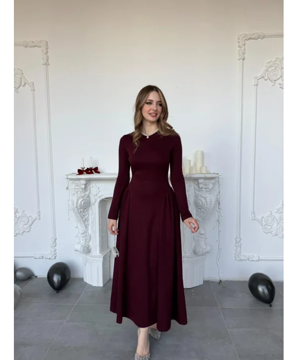 Yanları Büzgülü Bisiklet Yaka Uzun Kollu Scuba Bordo Elbise