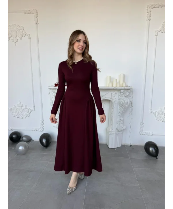 Yanları Büzgülü Bisiklet Yaka Uzun Kollu Scuba Bordo Elbise