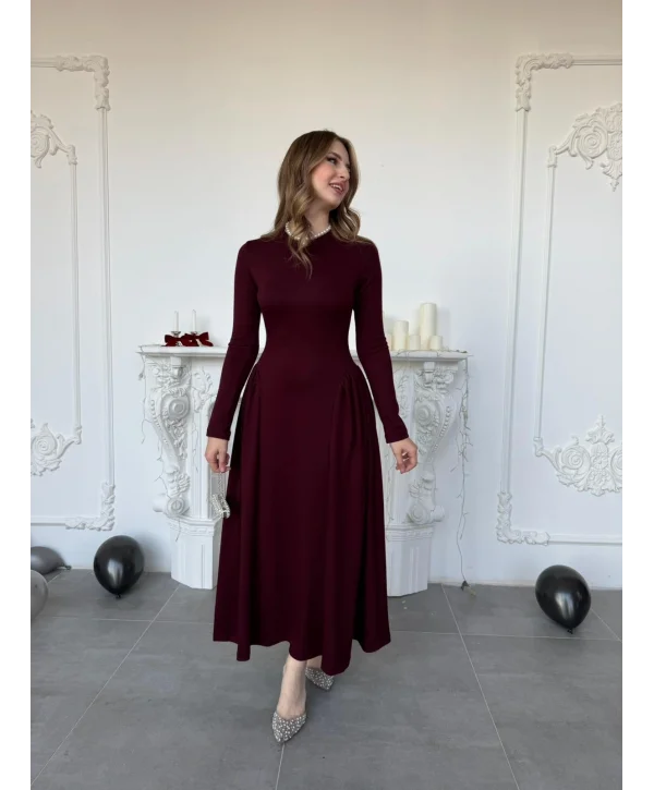 Yanları Büzgülü Bisiklet Yaka Uzun Kollu Scuba Bordo Elbise