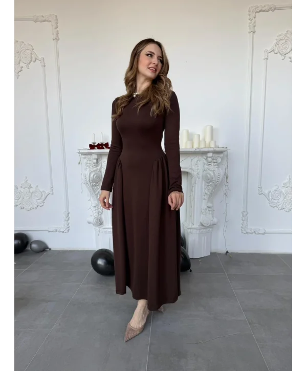 Yanları Büzgülü Bisiklet Yaka Uzun Kollu Scuba Kahve Elbise