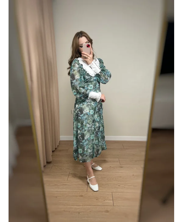 Yeşil Çiçekli Flora Elbise