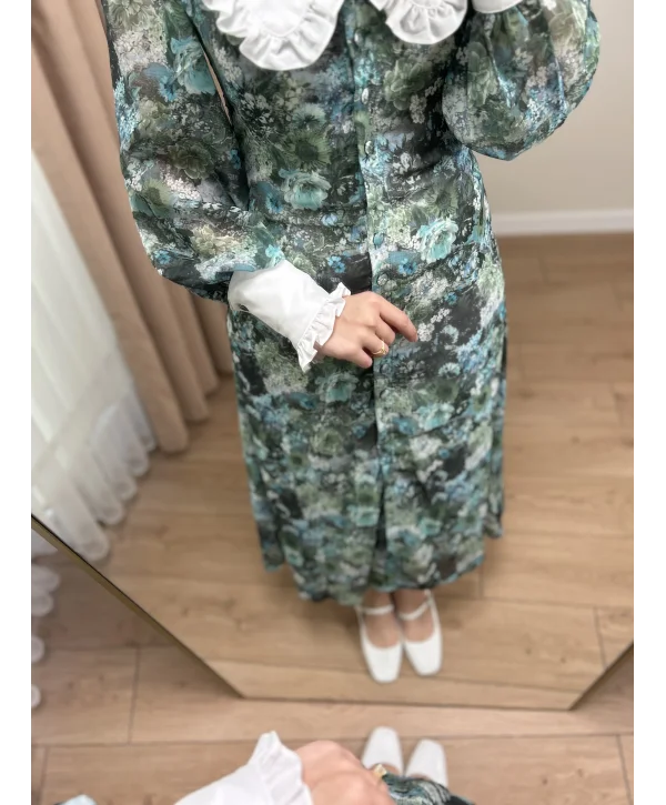 Yeşil Çiçekli Flora Elbise