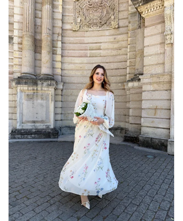 Yulia Çiçek ve Korse Detaylı Şifon Krem Elbise ( HELİS ÖZEL TASARIMI )