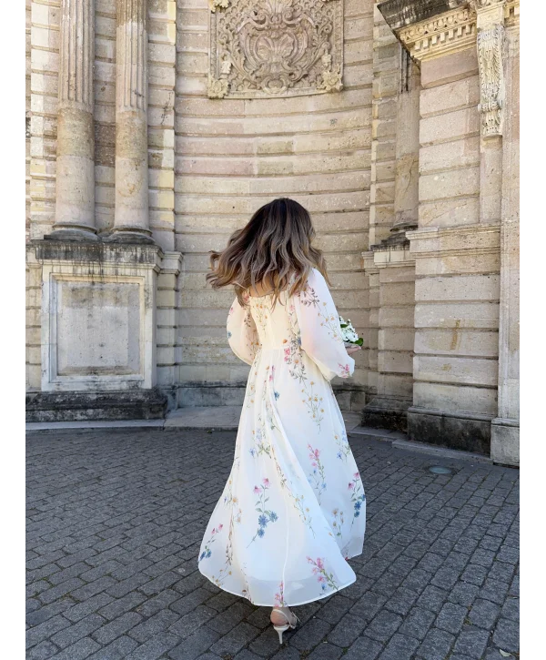 Yulia Çiçek ve Korse Detaylı Şifon Krem Elbise ( HELİS ÖZEL TASARIMI )