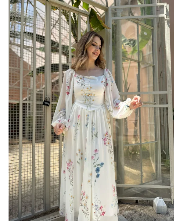 Yulia Çiçek ve Korse Detaylı Şifon Krem Elbise ( HELİS ÖZEL TASARIMI )