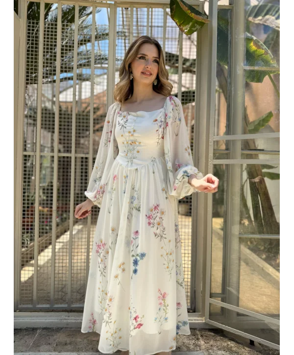Yulia Çiçek ve Korse Detaylı Şifon Krem Elbise ( HELİS ÖZEL TASARIMI )
