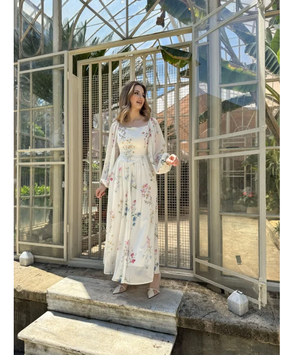 Yulia Çiçek ve Korse Detaylı Şifon Krem Elbise ( HELİS ÖZEL TASARIMI )