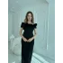 3D Çiçek Detaylı Madonna Yaka Tam Boy Siyah Abiye Elbise