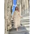 Nakışlı Karolin Kumaş Volanlı Kat Kat Bej Kuşaklı Elbise