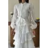 Nakışlı Karolin Kumaş Volanlı Kat Kat Ekru Kuşaklı Elbise