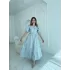 Sivri Bebe Yaka Balon Kollu Mavi Brode Elbise