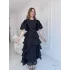 Siyah Kat Kat Balon Kollu Kemerli Elbise