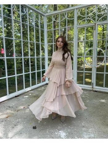 Kat Kat Şifon Bej Rengi Elbise