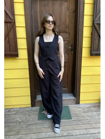 Yelekli Palazzo Pantolunlu Siyah İkili Takım