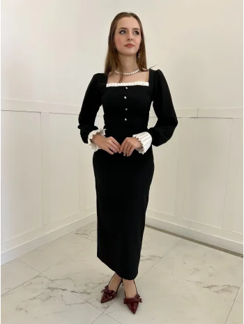 Loya Kol ve Göğüs Detaylı Vintage Elbise