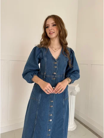 Midi Boy Düğmeli Kot Elbise