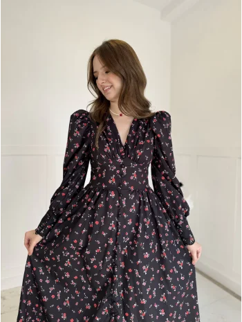 Maxi Boy Çiçek Desenli Yaka ve Kol Düğme Detaylı Elbise