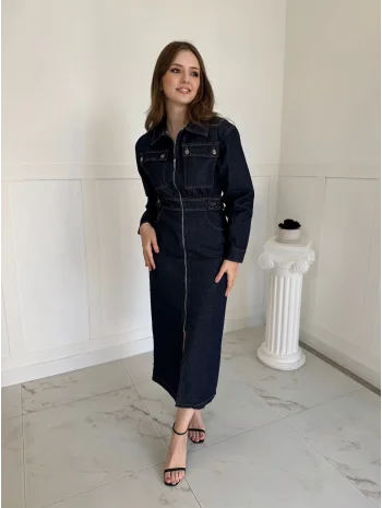 Fermuarlı Cep Detaylı Midi Boy Kot Elbise