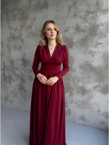 Bordo V Yaka Maxi Boy Elbise