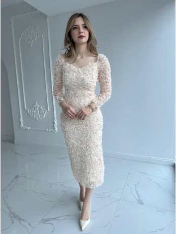 Üç Boyutlu Gül Aplikeli Kalp Yaka Bej Elbise