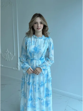 Mavi Beyaz Maxi Boy Şifon Elbise