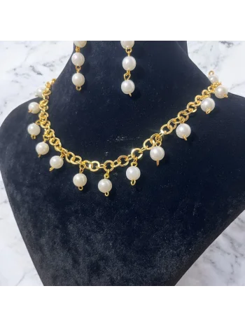 Gold Zincirli İnci Kolye ve Küpe