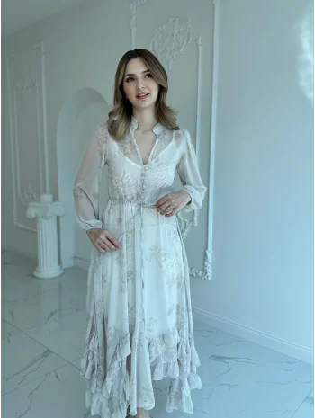 Desenli Şifon Tam Boy Elbise