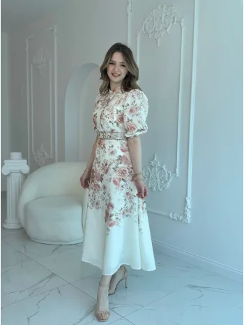 ÇİÇEK DESEN KEMERLİ MAXİ BOY ELBİSE