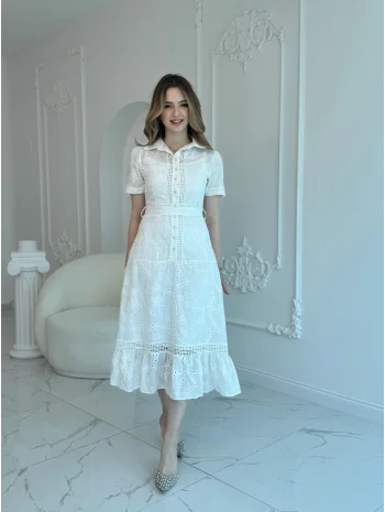 Beyaz Fisto Midi Boy Düğmeli Elbise