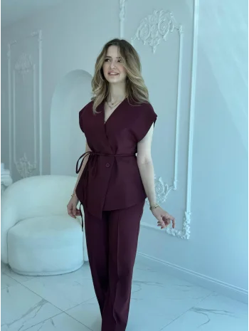 Bağlama Detaylı Bordo Yelek Pantolon Takım