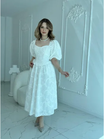 Balon Kollu Dantelli Brode Beyaz ELBİSE