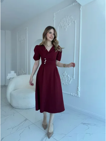 CEKET YAKA BALON KOL DÜĞME DETAY BORDO ELBİSE