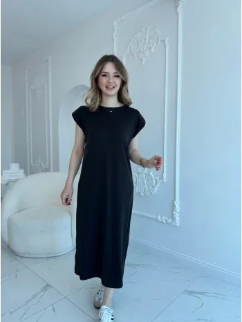 Modal Kumaş Vatkalı Maxi Boy Siyah Elbise