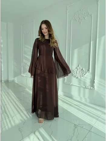 Zarif Şifon Kollu Uzun Kahve Elbise