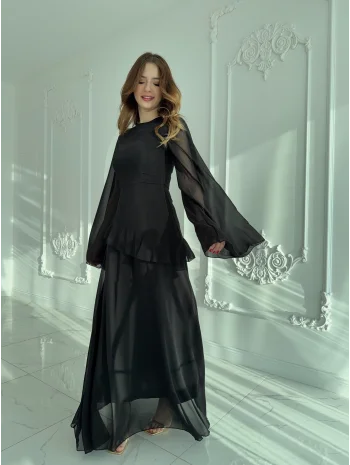 Zarif Şifon Kollu Uzun Siyah Elbise