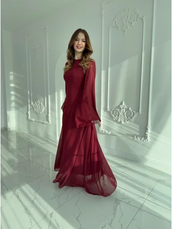 Zarif Şifon Kollu Uzun Bordo Elbise