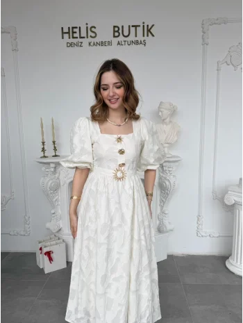 Gold Güneş Düğmeli Kabartma Dokulu Balon Ekru Elbise