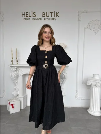 Gold Güneş Düğmeli Kabartma Dokulu Balon Siyah Elbise