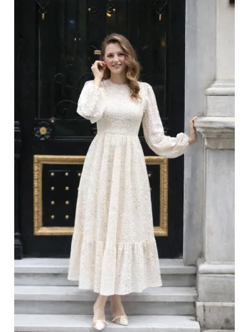 Vintage Stil Kare Desenli Astarlı Güpür Elbise - Krem (ÖNSİPARİŞTİR)