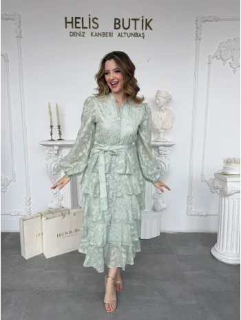 Yaldız Gold Nakış İşlemeli Kat Kat Volan Detaylı Kuşaklı Mint Elbise