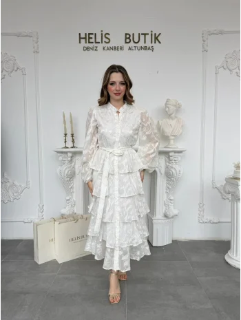 Yaldız Gold Nakış İşlemeli Kat Kat Volan Detaylı Kuşaklı Ekru Elbise