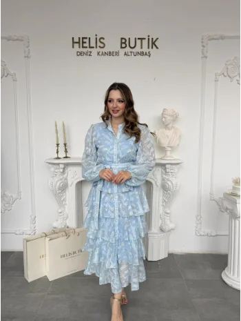 Yaldız Gold Nakış İşlemeli Kat Kat Volan Detaylı Kuşaklı Mavi Elbise