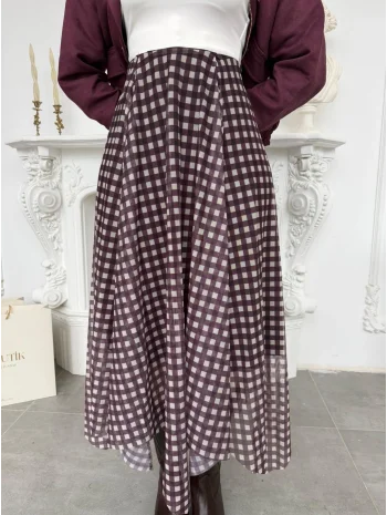 Kahverengi Ekose Desenli Astarlı Tül Etek