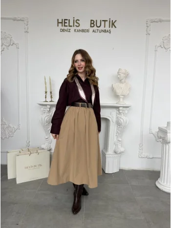 Kloş Kesim Yüksek Bel Kemerli Büzgülü Bej Etek