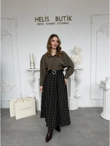 Kahverengi Ekose Desenli Kloş Kesim Kemerli Etek