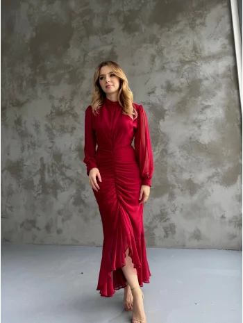 Alina Bordo Rengi Şifon Elbise