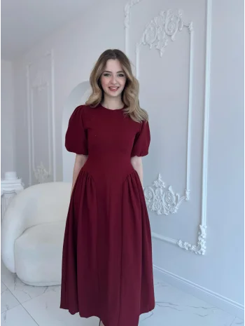 Arkadan Bağlamalı Eteği Yanları Büzgülü Keten Bordo Elbise