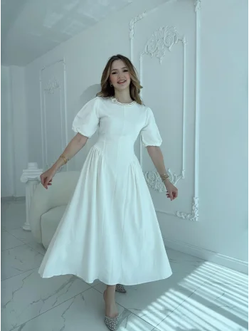 Arkadan Bağlamalı Eteği Yanları Büzgülü Keten Ekru Elbise