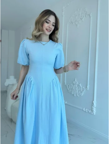 Arkadan Bağlamalı Eteği Yanları Büzgülü Keten Mavi Elbise